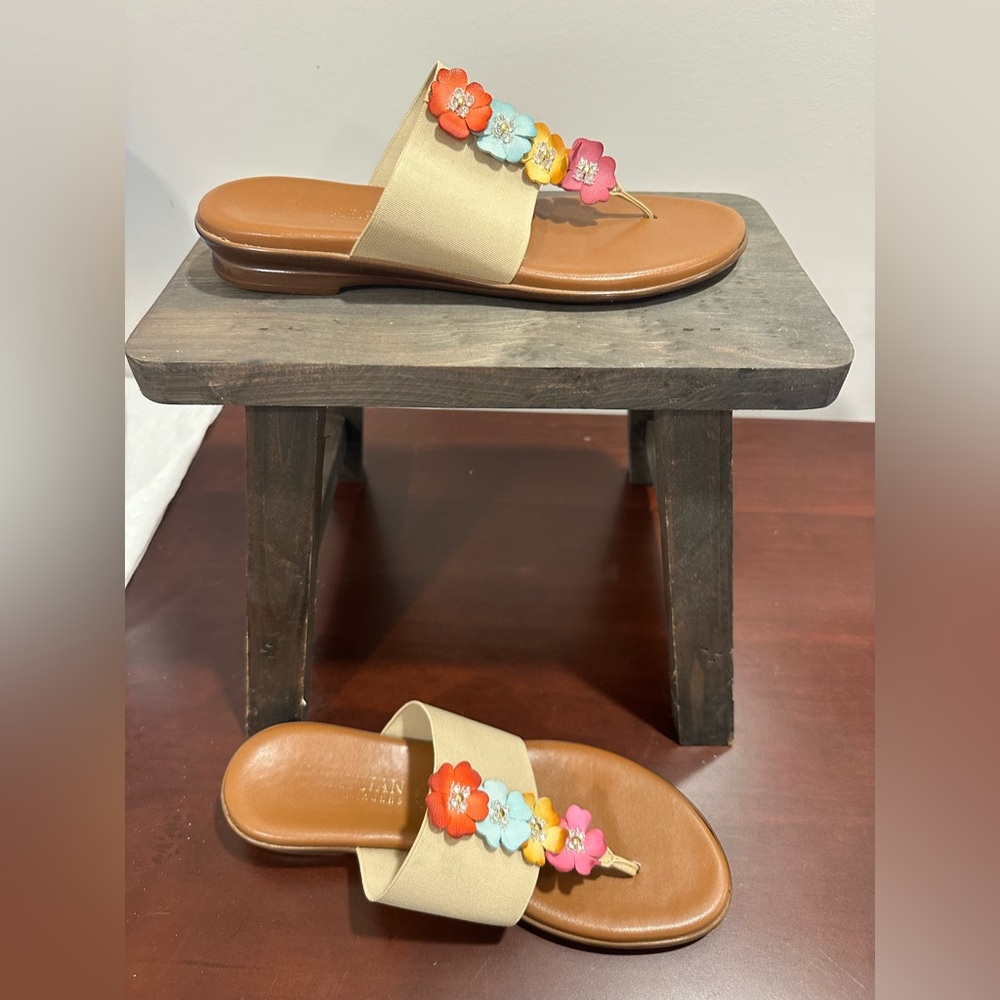 Italian Shoemakers Beige Floral Multicolor Leather Toe-Post Sandals, Women’s 7 - Picture 7 of 8